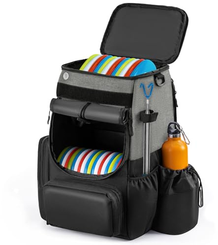 uniHimal Disc Golf Bag Backpack with 26+ Disc Capacity, PEVA Cooler Compartment for Drinks, Heavy Duty Nylon Disc Golf Bags for Tournaments and Wooded Courses, Lightweight and Durable, Grey