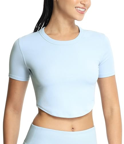 icyzone Dam sport t-shirt ribbad crop tops slim fit yoga cropped skjorta sommar casual stretch kortärmad skjorta, Babyblå, L