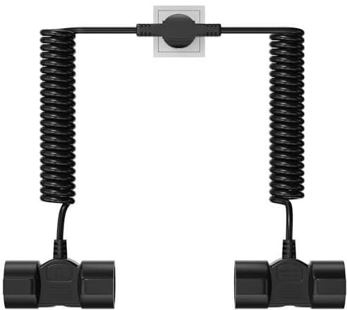 YEAPOW Schutzkontakt-Spiralverlängerung mit 4-Way Steckdosen，2M AC Doppel Schuko Stecker Verlängerung Kunststoffkabel, bis 16 A/250 V, IP20, Black