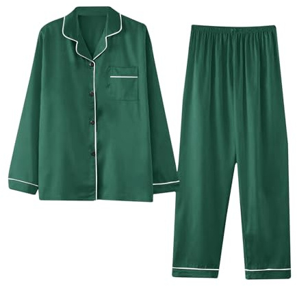 Silk Pyjamas for Women Satin Pajamas Set 2 Piece Lounge Wear Sets Long Sleeve Button Down Shirts Wide Leg Pants Pj Sets Loose Comfort Sleepwear Loungewear Oversized Soft Nightwear Size M-4XL Green