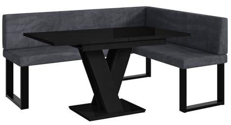 MEBLINI Eckbank für Esszimmer mit ausziehbarem Tisch - Küchenbank - Essecke - Sitzecke Küche - Toni - U-Beine 128x168x87cm Rechts - Dunkelgrau Samt/M Schwarz Hochgl.