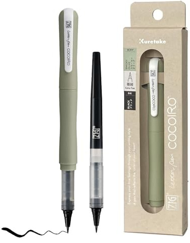 Kuretake ZIG brevpenna COCOIRO (SMOKY OLIVE) Kropp med svart bläck påfyllningsset, flexibel extra fin penselspets, påfyllningsbar markör, för kalligrafi, handbokstäver, tillverkad i Japan