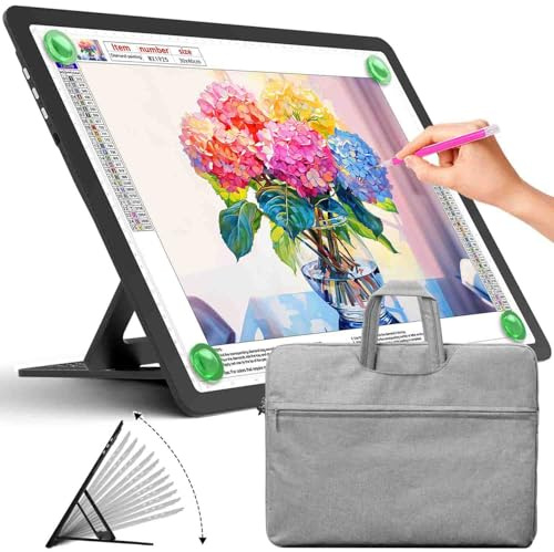 Zocelight Tableau lumineux A3 rechargeable avec sac et support, boîte à lumière magnétique super lumineuse pour le traçage, design de boutons latéraux, tampon lumineux pour peinture diamant, croquis