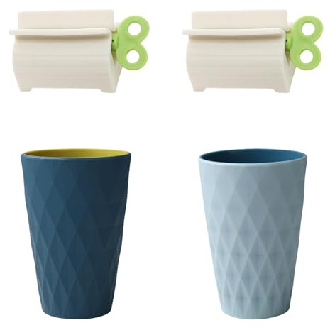Portaspazzolino KATLKIU + dispenser per dentifricio, tazza riutilizzabile da 400 ml, materiale PP + TPR, design antiscivolo opaco in stile nordico, tazza da bagno per uso domestico (set da 2)
