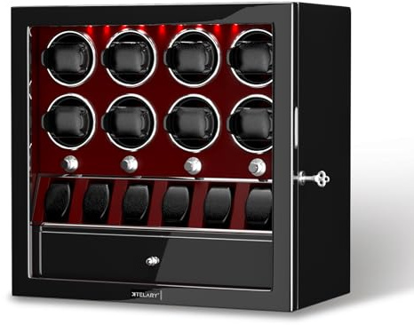 XTELARY Caricaorologi chiudibile nero per 2/4/6/8 con 3/6 slot di memoria, cassetto di stoccaggio, 4 modalità di rotazione, luce LED bianca, motore super silenzioso