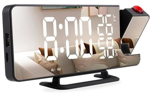 Innovaland Digitaler Wecker mit LED-Anzeige – AM/FM-Radio, 180°-Projektionsuhr – LED-Nachttischuhr mit USB-Anschluss und Temperatursensor – Moderner Radiowecker fürs Schlafzimmer