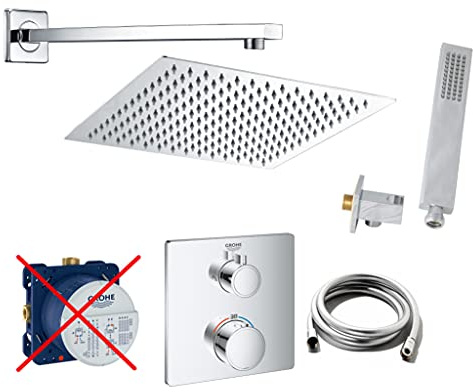 vanvilla Duschsystem mit Unterputz Duscharmatur von Grohe 2-Wege Thermostat Grohtherm und vanvilla Regendusche mit Armatur mit Thermostat, Duschkopf eckig, Dusch-SET G09-ob poliert