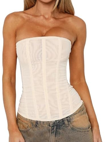 Acrawnni Women Y2k Strapless Bustier Corset Vintage Back Zip Sheer Mesh Boned Bodyshaper Tube Top Sexy Going Out Bandeau Bustier Tops