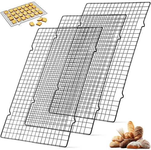 3 Griglia Forno Torte Rettangolari, 40x25cm Griglie Raffreddamento Antiaderente Acciaio Inox Universale, Teglie Asciugare Biscotti Riutilizzabile Nero per Cuocere, Grigliare, Raffreddare, Essiccare