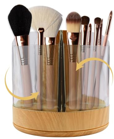 HICOHAND Soporte para brochas de maquillaje de madera natural, 1 organizador de maquillaje giratorio de 360° con 6 ranuras para almacenar cosméticos, esmalte de uñas, bolígrafos, tocador, escritorio