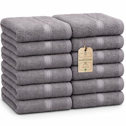 HomeBurg Luxe set med 12 tvättlappar – 100% bomull, mjuka och absorberande, lättskötta, premium för ansikte, 30×30 cm, Stengrå
