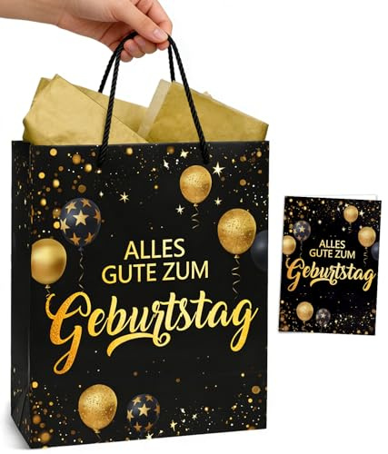 Geschenktüten Geburtstag Schwarz Gold, Geschenktüte mit Geburtstagskarte für Frau Mann Junge Mädchen,Happy Birthday Bag Geschenkverpackung Papiertüten mit Henkel Seidenpapier-Alles Gute zum Geburtstag