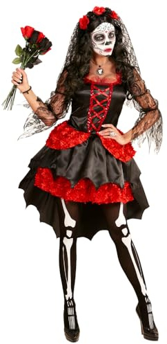 CARTOON Costume da Sposa Día de los Muertos per Halloween Elegante e Gotico con Corpetto Nero Gonna a Balze e Velo con Fiori Rossi Sposa Scheletrica per Feste a Tema e Eventi Tradizionali