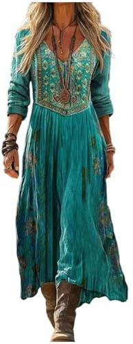 Womens Bohemian Dress Boho Chic Long Maxi Dress Floral Ethnic Print V-Neck Long Sleeve Vintage Casual Elegant Flowy Dresses for Spring Summer Holiday Beach Party Vacation