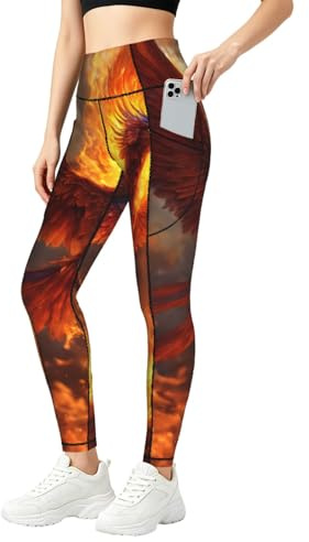 SABFWF Phoenix tryck leggings för kvinnor, träningsset med fickor, för gym, fitness och vardagskläder, Svart, 4XL