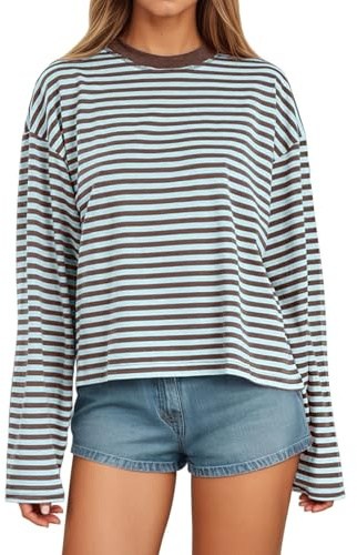 Générique Femme Manches Longues à Rayures T-Shirt Pull à col Rond Sweatshirt Ample décontracté pour Printemps été