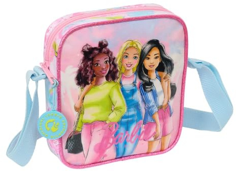 Safta | Bandolera Infantil Barbie Painterly, Bolsito Cruzado con Correa Ajustable, Compartimento con Cremallera, Diseño Rosa con Ilustración Barbie, Medidas 16x4x18 cm