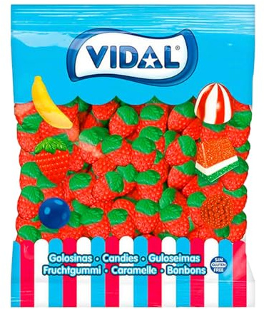 Vidal Golosinas Fresas Silvestres, Caramelo de Goma con Sabor y Forma de Fresa, Colores Verde y Rojo. Bolsa 1 Kg
