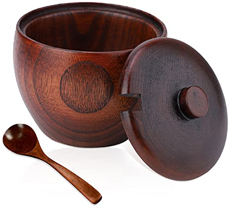 Wood Salt Box Spice Jar, Natural Wooden Salt Cellar with Lid and Spoon, Jar Sugar Bowl Pepper Seasoning Container Holder Spice Box Kitchen Tool for Storage Sugar, Salt, Sauce, Vinegar, 8*9cm/3.2*3.5in