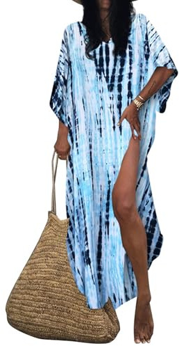 Bsubseach Strandkaftan med tryck för kvinnor, klänning, kortärmad, plusstorlek, baddräkt, överdrag, C-ljusblått, en storlek
