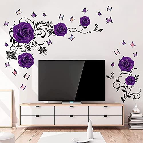 Supzone Purple Rose Wall Stickers Rose Flower Vine Wall Decal Purple Peony Floral Wall Decor DIY Vinyl Mural Art for Bedroom Living Room Sofa Backdrop