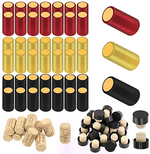 Swpeet 100Pcs 3 Colores Oro Negro Rojo PVC Cápsulas termoretráctiles y Kit de surtido de tapón de corcho con tapa de plástico negro, para cápsulas y botellas