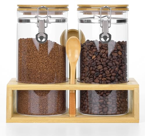 Winter Shore Boite Hermetique Alimentaire Verre 1,3 l avec Support [Lot de 2] - Bocaux Rangement Cuisine avec Couvercle en Bambou, Clips de Verrouillage, Cuillères - Café, Sucre, Céréales, Farine