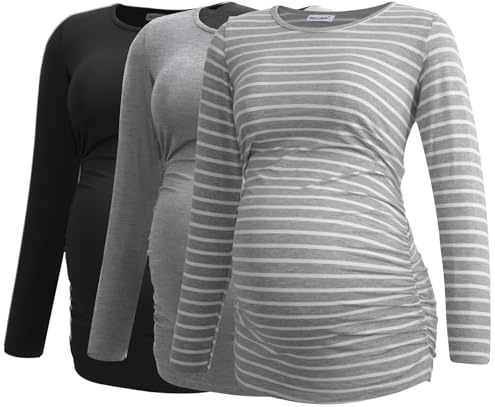 Smallshow Ropa Premama Mujer Manga Larga Camisetas Embarazadas de 3 Piezas,Black-Light Grey-Light Grey Stripe,2XL