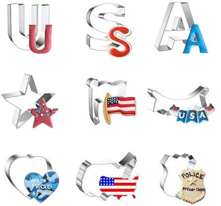 ZDYWY Fourth 4th of July Cookie Cutters 9 Piece Set – USA Star Flag Banner Heart USA Map Police Badge - a
