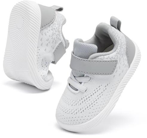 MORENDL Toddler Sneakers Baby Boys & Girls Barefoot Shoes Lightweight Breathable Walking Running Tennis Athletic Sport Shoes White Gray 12-15 Months Size 5