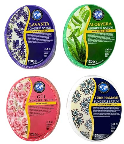 Purlavie Exfoliating Sponge Soap Set of 4 – Natural and Renewing Cleaning Experience with Aloe Vera, Lavender, Rose, and Turkish Bath for Moisturizing and Deep Cleansing