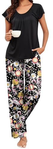 Famulily Women’s Pyjama Sets Raglan Short Sleeve Pleated Flowy Loose Printed Loungewear Black XL