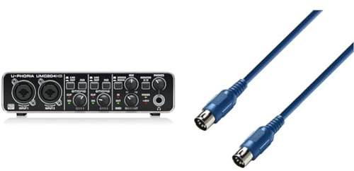 Behringer U-PHORIA UMC204HD Audiophile 2x4, interfaz de audio/MIDI USB de 24 bits/192 kHz con preamplificadores de micrófono Midas & Adam Hall Cables 3 STAR MIDI 0300 BLU - Cable MIDI 3 m azul