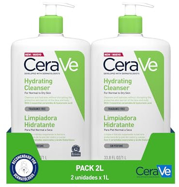 CeraVe Gel Limpiador Hidratante, Para Piel Normal a Seca, Limpia e Hidrata, Equilibrio de la Piel, Enriquecido Con Ceramidas Esenciales y Ácido Hialurónico, Apto para Rostro y Cuerpo, 2x 1 litro
