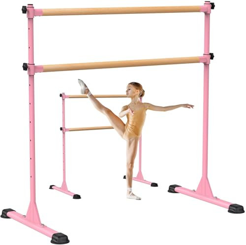 BeneLabel Ballettstange Freistehend, 10 Höhenverstellbare Schwerlast Holz Tanzbar mit Rutschfesten Gummipad für Kinder Erwachsene Zuhause Workout Fitness Yoga Stretchstange, 120 x 71cm/Rosa