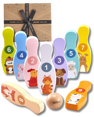 Jaques of London Wooden Animal Skittles | Kids bowling set with 10 Animal Toy Skittles & Ball | Wooden Toys for 1 Year Girls & Boys | Since 1795