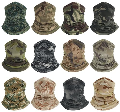 Cmonie 12Pack Neck Gaiter Scarf Bandanas Balaclava UV Protection Hood Breathable Face Mask for Men Women (US, Alpha, One Size, Large, Camouflage 2)