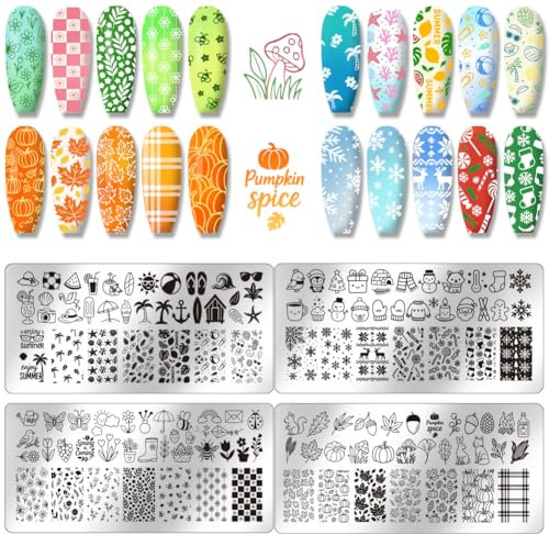 PH PandaHall 4pcs Plaque D'Estampage pour Ongles Saison Pochoirs pour Nail Art Printemps Été Automne et Hiver Plaques D'Image en Acier Inoxydable pour Femmes Manucure Imprimée Conception de Salon