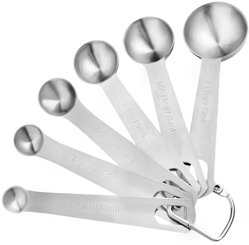 Juego de Cucharas Medidoras de Acero Inoxidable 18/8, Set de 6 Medidores de Cocina de Metal para Ingredientes Secos y Líquidos, Marcas Grabadas US y ml, Utensilios para Repostería y Cocinar