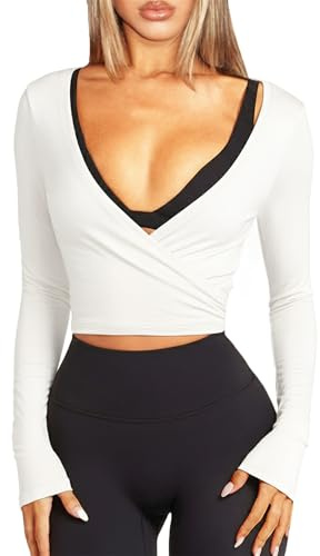 Navneet Maglietta avvolgente da donna, sportiva, yoga, a maniche lunghe, attillata, Y2K, per pilates, balletto, Bianco involucro, S
