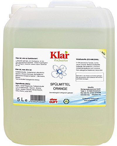 Klar Spülmittel Bio mit Orangenduft 5l – Kraftvolles Geschirrspülmittel flüssig mit hoher Fettlösekraft – Hautfreundliches Spüli Konzentrat in recycelter Flasche – Vegan Dish Soap