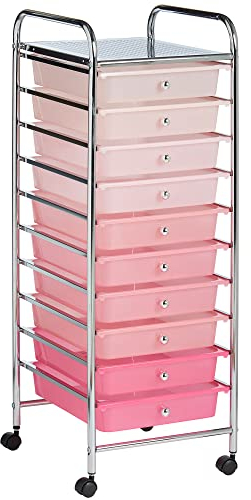 VonHaus Storage Trolley, 10 Drawer Pink Wheeled Makeup Trolley, Durable Storage with Plastic Drawers, Chrome Frame & 360° Wheels, Versatile Organiser for Bedroom, Bathroom, Home Office