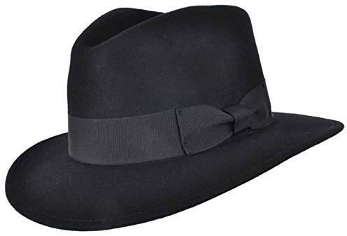 Hand Made Crushable Felt Fedora HAT 100% Wool Elegant Gents HAT with Wide Band Indiana Style (Black, XLarge 61 cm)