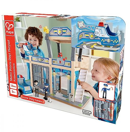 Hape Zweistöckige Polizeistation Helikopter und Polizeiauto fördert die Fantasie