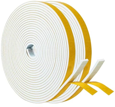 Draft Excluder Foam Seal Tape, 9mm(W) x 3mm(T) High Density Adhesive Foam Weather Strip Seal for Window and Door, 2 Rolls, Total 10M Long White