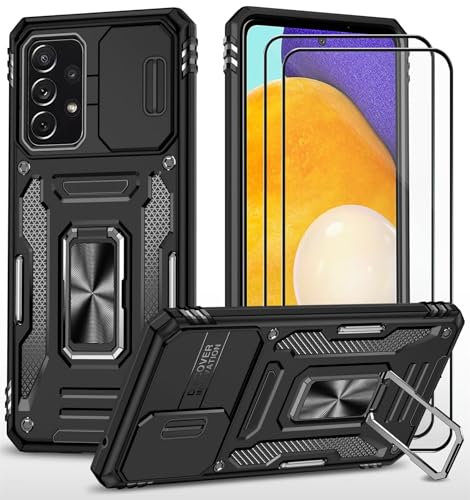 CLYDITE Coque pour Samsung A52 4G/5G étui avec 2 Verre Trempé Support magnétique Armure Robuste Antichoc Silicone avec Couvercle de caméra Coulissant Bumper-Noir