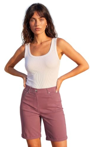 Roman Stretch Shorts for Women UK Ladies Pull On Turned Hem Cut Off Bengaline Mom Boyfriend Boy Denim Casual Cropped Pants Capri Slim Fit Turn Up Summer Crops Mother - Biscuit - Size 14