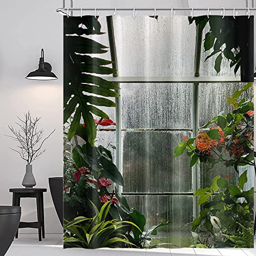 Umpoo Greenhouse Flower Room Shower Curtains Spring Glass Flowers Green Plants Interior Garden Scenic Machine Washable Fabric Bathroom Curtains Set with Hooks, 78.00 x 72.00