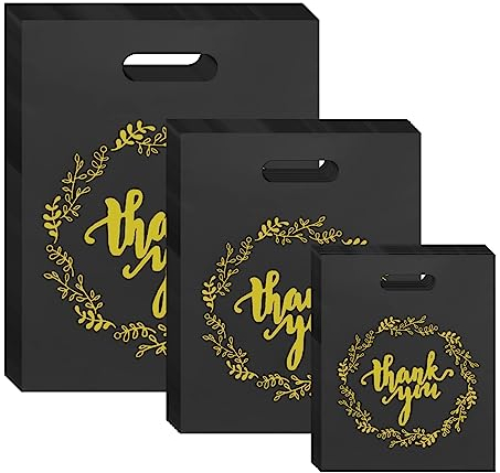 WOOWAIR 300 Stück Geschenktüten, Candy Tüten, Waren Taschen, Tragetaschen Plastik mit “Thank You”, Kunststoff-Einkaufstaschen, 3 Größen, Partytüten Geschenktüte für den Urlaub, Hochzeiten, Geburtstag
