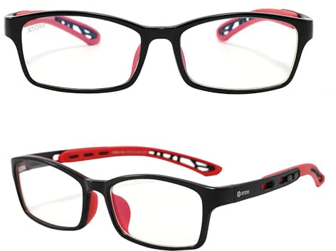 ATOM Blue Light Blocking Glasses for Kids (Age 5-12) - 100% UV Protection & Anti Glare Blue Rays Blocking Eyeglasses for Computer & Gaming | Adjustable Frame Eyewear for Boys & Girls- Red and Black